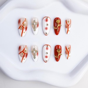 Nouveau design, faux ongles courts en acrylique style français, motif croix et rose, peints à la main, 10 pièces, à presser, pour filles, faits à la main, vente en gros - Product Image 6