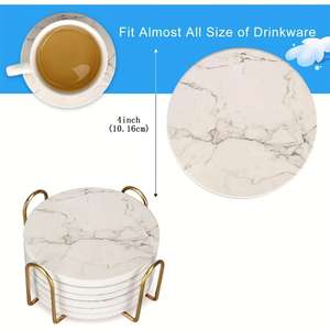 12pcs Ceramic <b>Coaster</b> Set White Marble Striped Anti-Slip with Golden Bracket Water Absorbing <b>Promotional</b> <b>Coasters</b> - Product Image 4