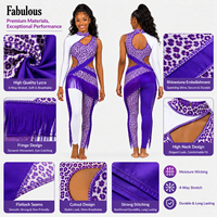 Ensemble d'uniforme de majorette motif léopard violet, combinaison asymétrique à franges, dos ouvert, unitard de danse à panneaux blancs, tenue de performance
