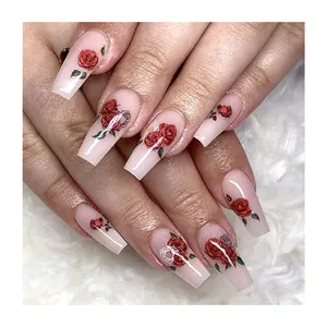 Long Coffin Flower Pattern Fake Nails Custom Design Stick On Nails Full Cover Acrylic 24Pcs Long Lasting Press On Nails