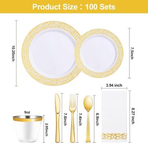 Juego de Vajilla Desechable de Plástico Dorado de 700 Piezas para 100 Personas, Incluye Platos para Cena y Postre, Vasos y Servilletas, Libre de BPA - Product Image 2