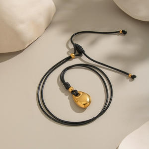 时尚水滴金豆几何吊坠黑色皮绳可调长款万能项链饰品厂家批发 - Product Image 4