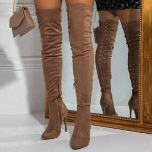 Bottes hautes pour femme, grande taille 45, moulantes, sexy, à lacets au dos, à bout pointu, avec demi-fermeture éclair latérale, à talon fin et long - Product Image 1