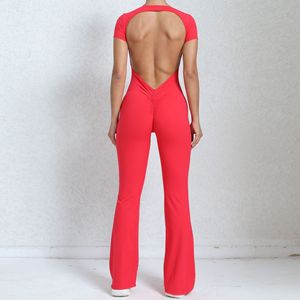 Tuta da Yoga Senza Schienale a Maniche Corte Color Carne con Pantaloni Svasati per <span class=keywords><strong>Fitness</strong></span> - Product Image 5