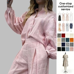 Set Due Pezzi da <span class=keywords><strong>Donna</strong></span> Personalizzato ODM OEM: Camicetta Vintage in <span class=keywords><strong>Lino</strong></span> con Bottoni e <span class=keywords><strong>Pantaloni</strong></span> a Gamba Larga - Product Image 1