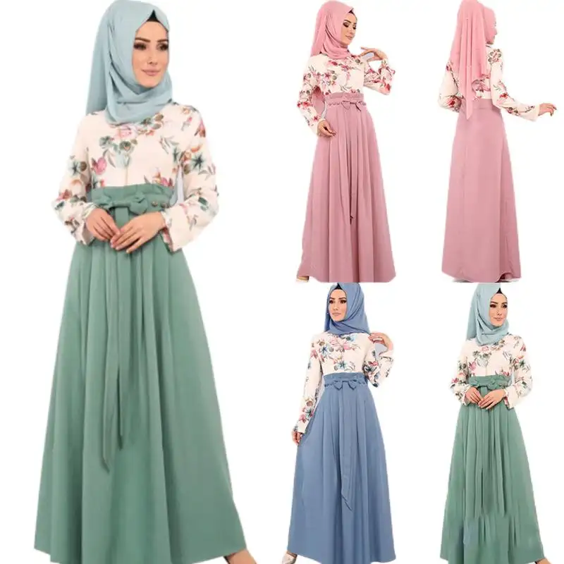 사용자 정의 패션 이드 두바이 아바야 꽃 인쇄 말레이시아 가운 맥시 롱 드레스 여성 히잡 이슬람 드레스