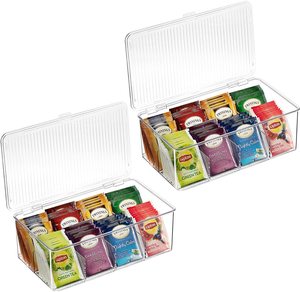 Amazon best sell 2 Pack - Clear Stackable Plastic Tea Bag Holder organizer Storage Bin Box with Clear Top Lid