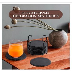 Sous-verres carrés en ardoise, modernes et écologiques, avec support en métal, 8 sous-verres noirs en pierre de 4 pouces, décor de table basse - Product Image 5