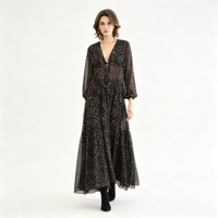 Robe longue noire à manches longues, col en V, taille ajustée, imprimé chiffon vintage élégant, personnalisée en usine