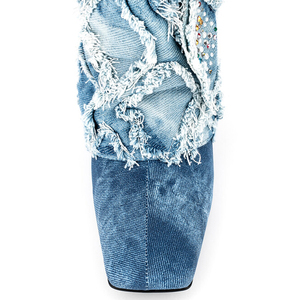 Women Denim Overlay Knee High Boots High Thin Heels Shoes New Design Boot-cut Jeans Stiletto Square Toe <b>Long</b> Booties Size 44 - Product Image 5