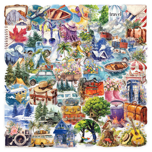 50 Pezzi Adesivi da Viaggio per Esterni, Cartoni Animati, Acquerello, <span class=keywords><strong>Campeggio</strong></span>, Creativi, Decorativi per Tablet, Quaderni, Cancelleria - Product Image 1