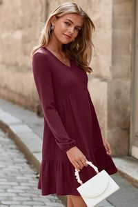 Nhà Máy Bán buôn mùa thu sâu v-cổ dài sleeved của phụ nữ giản dị Dresses cổ điển Ruffle thanh lịch Loose Mini Dress cho cuộc sống hàng ngày - Product Image 3