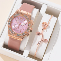 Jam Tangan Set Mewah Berhias Berlian Imitasi Wanita Fashion Elegan Arloji Kuarsa untuk Gadis Wanita Jam Relogio Feminino