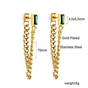 Pendientes de Moda para Mujer con Diamantes Cuadrados Verdes, Chapados en Oro de 18k, Bisutería de Acero Inoxidable, Pendientes Colgantes con Borlas y Cadena Cubana - Product Image 2