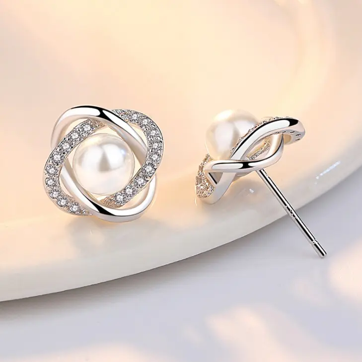 Pendientes de tuerca trenzados de perlas de cristal para mujer, joyería de plata de ley 925