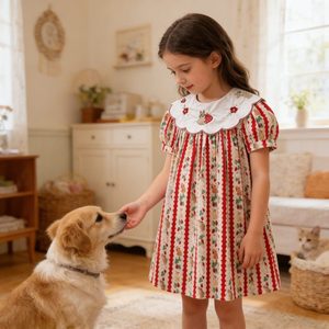 Vêtements pour enfants personnalisés, coton brodé, col Peter Pan, manches bouffantes, imprimé <span class=keywords><strong>vintage</strong></span>, étiquette privée OEM ODM, robe pour filles - Product Image 1
