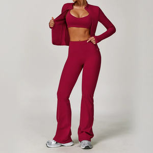 Custom Ropa Athleisure Fitness Activewear <strong>Women</strong> Long Sleeve Crop Jackets Gym Wear Butt Lift Flared Yoga Leggings 3 Piece Sets - Product Image 5