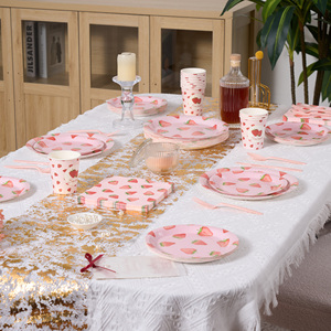 350Pcs Strawberry Disposable <b>Dinnerware</b> <b>Set</b> for 50 Guests Pink PET Plates Cups Napkins Cutlery Eco-Friendly for Birthday Party - Product Image 4
