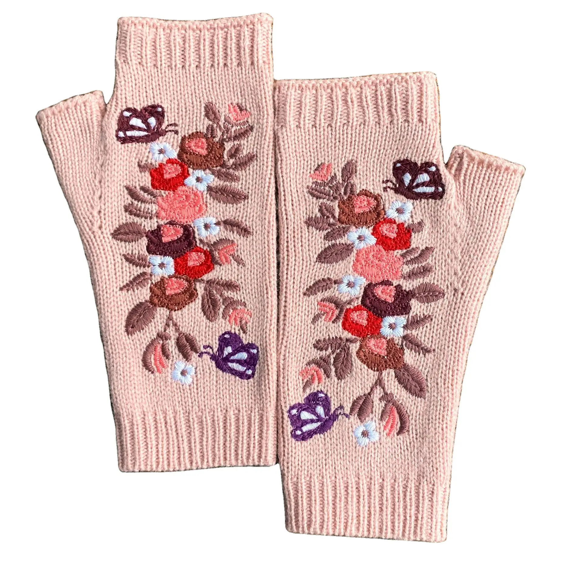 2023 caliente Otoño e Invierno bordado patrón de flores cálidos guantes largos de punto para mujer guantes de algodón de moda de punto rosa