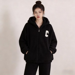 <span class=keywords><strong>Pigiama</strong></span> <span class=keywords><strong>Donna</strong></span> Autunno Inverno in Morbido Pile Waffle di Alta Qualità, Nero <span class=keywords><strong>con</strong></span> Scollo a V, <span class=keywords><strong>Cappuccio</strong></span> Morbido, Zip Frontale, Maniche Lunghe, Vita Elasticizzata - Product Image 3