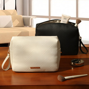 Cosmetic <b>Bag</b> <b>Mini</b> Travel Makeup Pouch Portable With Soft Handle Off White <b>Black</b> Pink Stripe Pattern Spring 2025 - Product Image 1