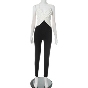 307 Combinaison décontractée printemps-été à taille ajustée, col croisé, dos nu, plissée, avec empiècements contrastants, coupe crayon - Product Image 5