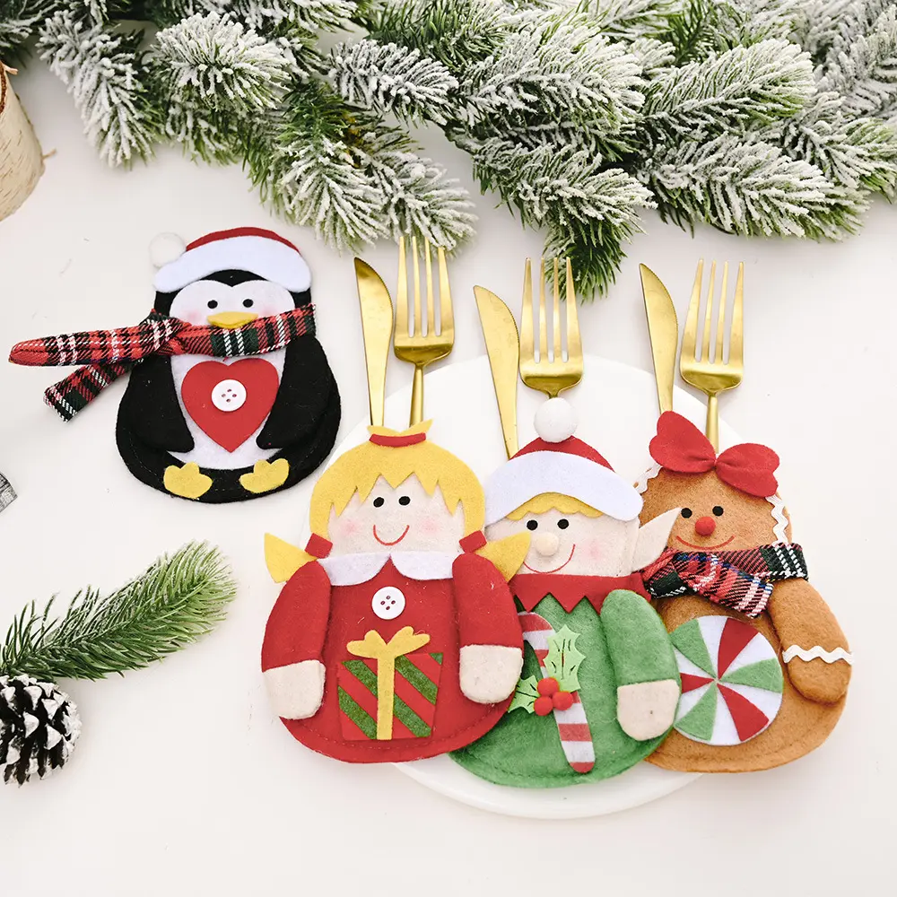 New Christmas decorations Creative cartoon knife and fork bag Festive restaurant tableware Santa snowman knife and fork bag