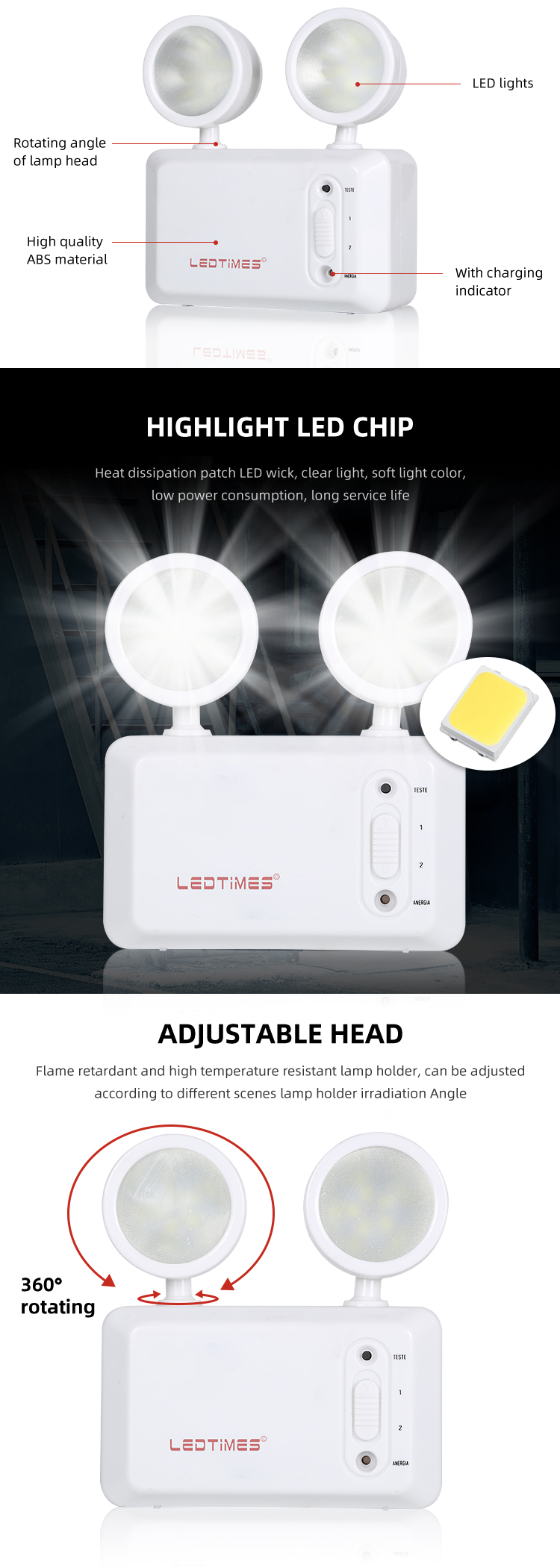 Wall Surface Mounted Double Heads Indoor 3.7V 250LM Portable Rechargeable Led Emergency Light