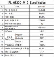 Objectif à mise au point manuelle ODM 1/2.5'' 8.0mm F2.0 Monture M12 Téléobjectif moyen pour Drones/Caméras de vidéosurveillance/FPV/AIoT/Caméras IP PL-0820D-M12 OEM CCTV
