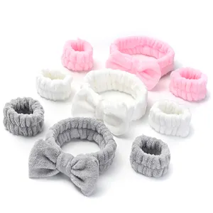 3 pcs/set Baby soft fashion coral velvet bow and spa headband towel wristbands set with elastic hair band