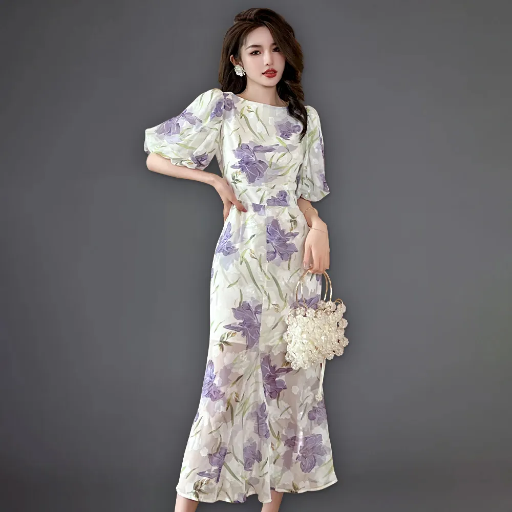 ZYHT 30110 Chiffon Long Maxi Women Floral Printed Dress Puff Sleeve Bodycon Casual Vacation Midi Dress Summer Clothes Vestido