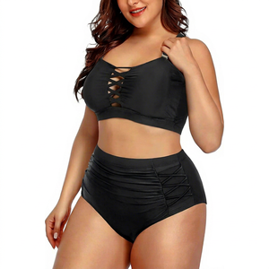 Best Choice Traje de baño bikini de talla grande para mujer, conjunto de dos piezas, parte inferior con volantes de cintura alta y detalle de cordones para nadar en la playa - Product Image 1