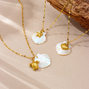 <b>Beach</b> Ocean Theme Stainless Steel Pendant <b>Necklace</b> 18K Gold Plated Starfish Conch Shell Turtle Charm Gift Jewelry - Product Image 1