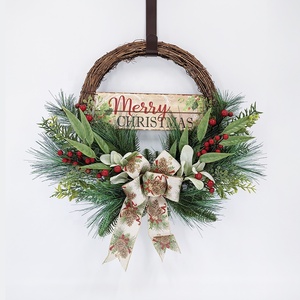 22 Inch Dia Green Flocking PVC Christmas Wreath With Red Berry and Bow Garland for Holiday Season Decorations