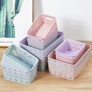 <b>Plastic</b> Hollowed Out Storage <b>Basket</b> Rectangle With Handle Desktop Organizer For Cosmetic And Office Supplies - Product Image 1