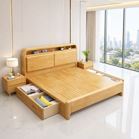 Projet d'appartement hôtelier sur mesure, cadre de lit en bois de pin massif de style moderne du milieu du siècle avec tête de lit avec rangement, meubles de chambre OEM ODM