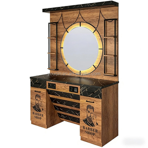 Station de coiffure avec miroir pour salon de barbier, coiffeuse avec rangement, dessus en marbre, tiroirs et éclairage pour salon de beauté - Product Image 4