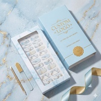 Bandes d'ongles en gel semi-durcies sans UV, motif marbre bleu et veines dorées texturées, 20 pièces, emballage de luxe pour salon, vente en gros