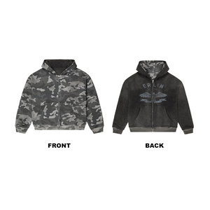 KingSen OEM Sweat à capuche zippé réversible imprimé camouflage respirant thermique en molleton 100% coton délavé à l'acide avec broderie 3D Hiver - Product Image 5