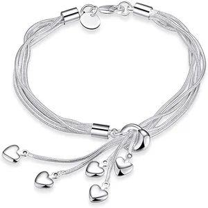 Pulseira de prata esterlina 2022, novidade de 925, corrente de cinco linhas com pulseira de cinco coração para mulheres