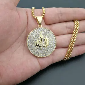 Colar de pingente de aço inoxidável, colar com pedras de diamante cheio, islâmico, árabe, de ouro e alá