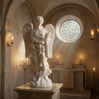 Statue d'ange grandeur nature sculptée à la main en marbre blanc, tenant un panier tressé, sculpture d'ange ailé en pierre naturelle pour manoir