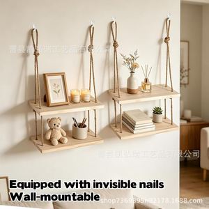 Simple wooden single-panel hemp rope hanging rack living room wall decorative <b>shelf</b>, no-drill multi-layer storage rack - Product Image 3