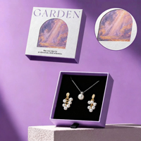 Boîte cadeau de luxe pour bijoux, motif peinture à l'huile de jardin violet, avec logo personnalisé, pour colliers, boucles d'oreilles et bagues, accompagnée d'un sac en papier cadeau