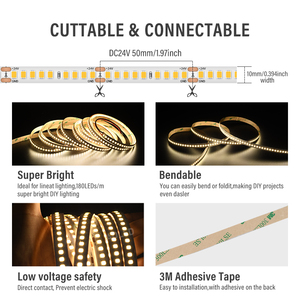 Ul danh sách 180led 200LM/W cao hiệu quả 24V băng ánh sáng 10mm 16.4 ft 8 wát/mét 5000K trắng 50mm Cắt <span class=keywords><strong>led</strong></span> SMD2835 linh hoạt <span class=keywords><strong>LED</strong></span> <span class=keywords><strong>Strip</strong></span> ánh sáng - Product Image 5