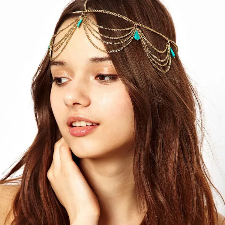 MIO vendita calda nappe in metallo catena testa turchese goccia fronte gioielli accessori per capelli fascia catena gioielli bohémien