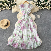 Robe longue décontractée pour femme WIWT, élégante, à imprimé floral, col en V, sans manches, coupe trapèze, avec ceinture, pour les vacances et le quotidien