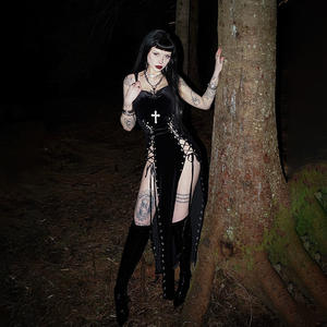 哥特式时尚女装黑色连衣裙高缝无肩带连衣裙不规则下摆夏季新款修身性感裙子 - Product Image 3