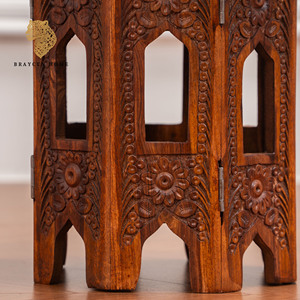 Tavolino Pieghevole in Legno Massello Intagliato a Mano, Tavolino Rotondo Staccabile Stile Boho per Soggiorno, Balcone, Patio - Product Image 4