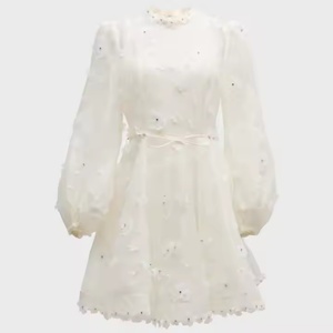 Nouvelle arrivée, robe décontractée d'automne de haute qualité, manches longues, dentelle florale, robe en mousseline de soie, robe blanche modeste - Product Image 6